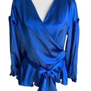 Women Silky Satin Shirt V Neck Tops 3/4 Sleeve  Tie Solid Loose Blouse Shirt, Co